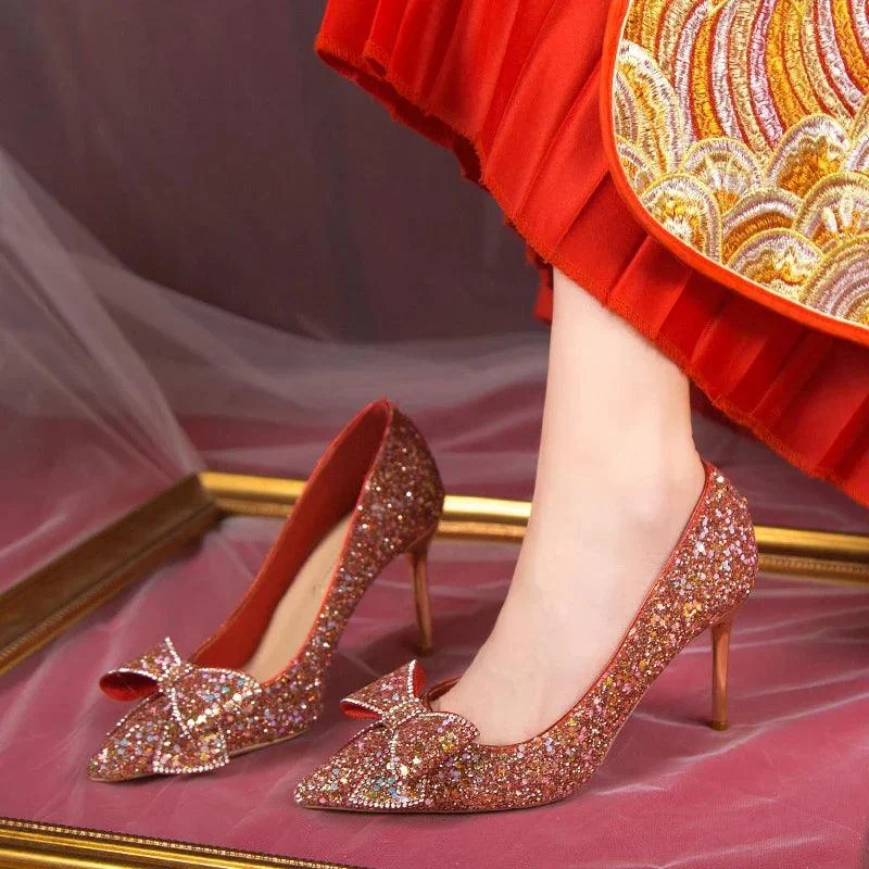 Bling Glitter Pumps Bowknot Thin Heels Wedding Party Shoes - Glova