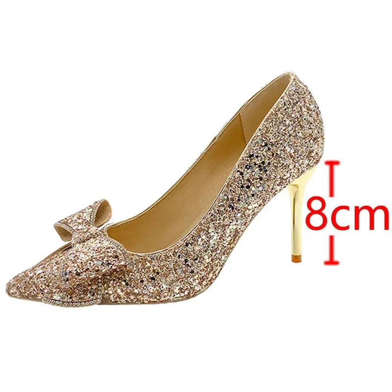 Bling Glitter Pumps Bowknot Thin Heels Wedding Party Shoes - Glova