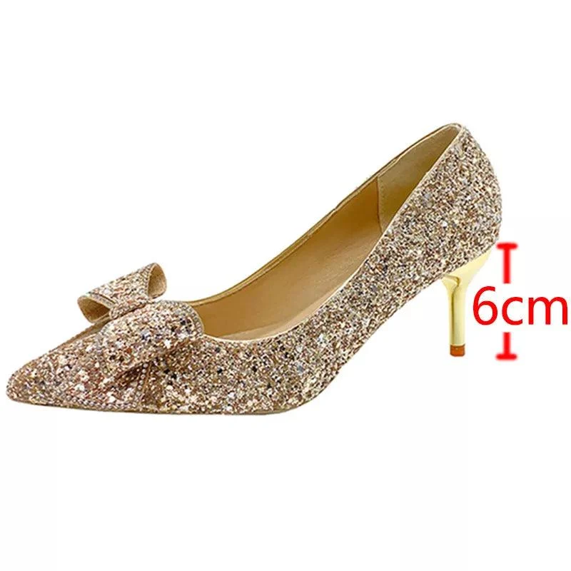 Bling Glitter Pumps Bowknot Thin Heels Wedding Party Shoes - Glova