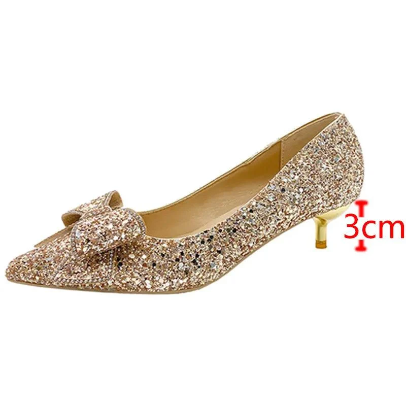 Bling Glitter Pumps Bowknot Thin Heels Wedding Party Shoes - Glova