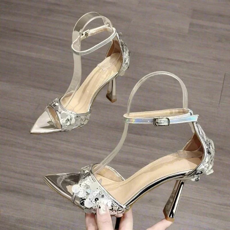 Bling Sequin Pointed Toe Thin Heels Buckle Strap Sandal Shoes - Glova