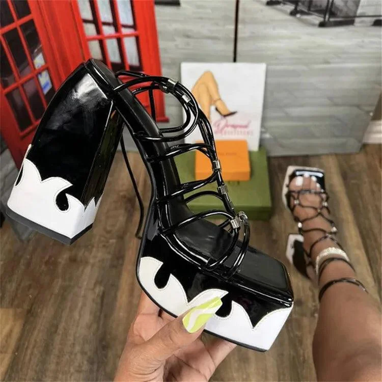 Block Heels For Ladies Lace Up Platform Heeled Sandals - Glova