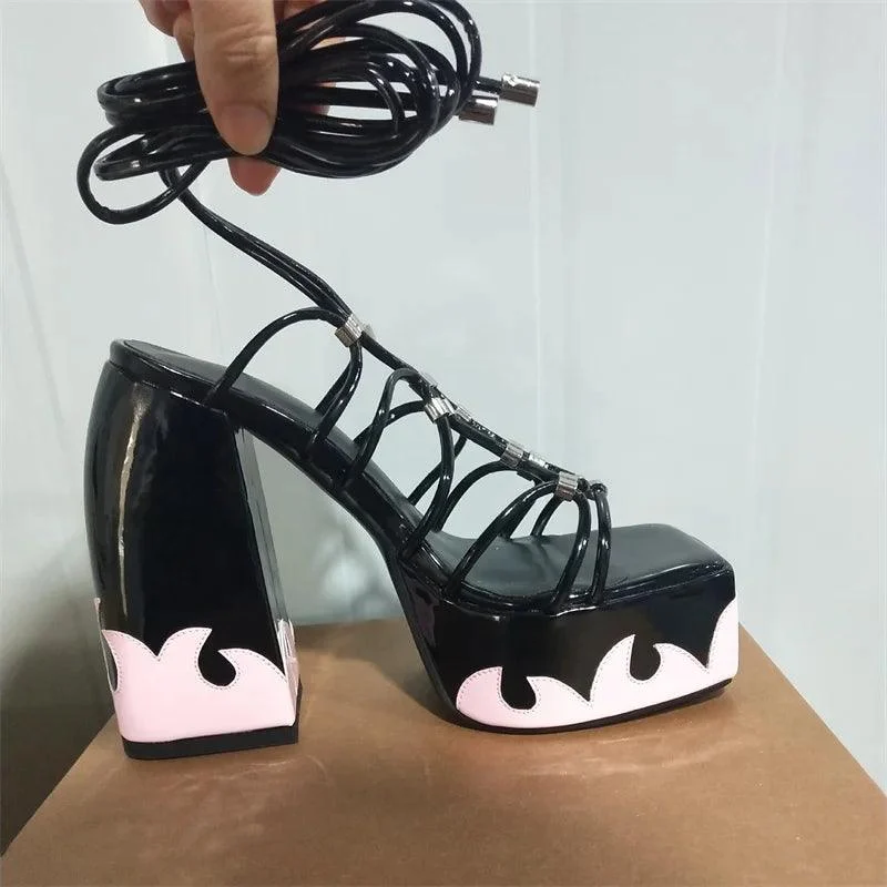 Block Heels For Ladies Lace Up Platform Heeled Sandals - Glova