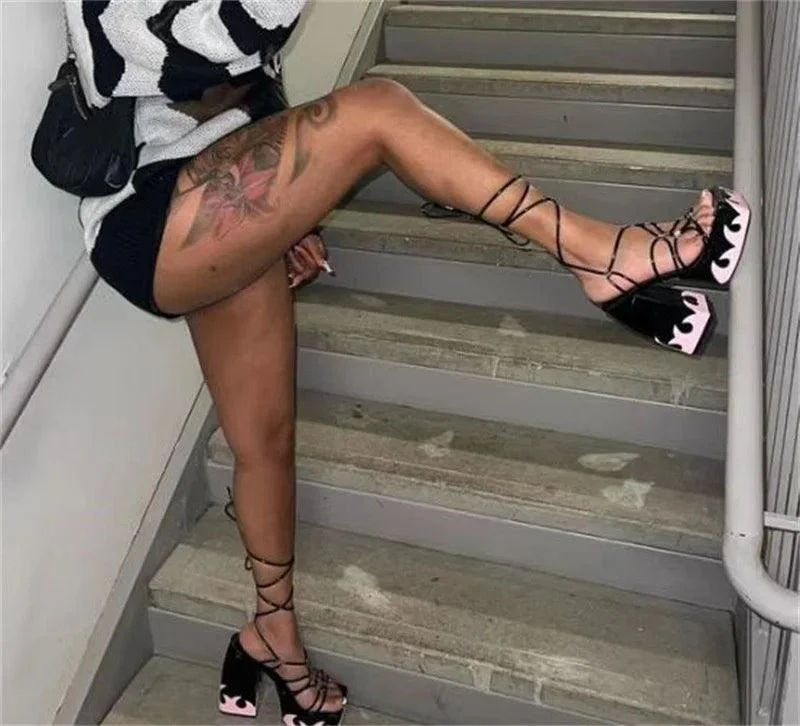 Block Heels For Ladies Lace Up Platform Heeled Sandals - Glova