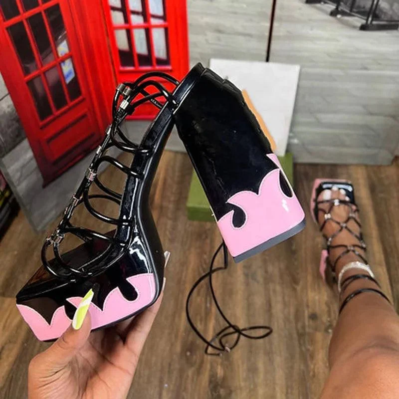 Block Heels For Ladies Lace Up Platform Heeled Sandals - Glova