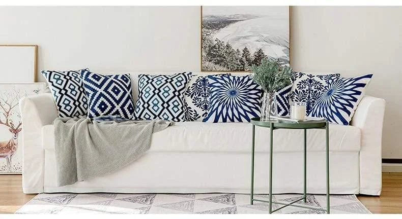 Blue and White Geometric Cushion Covers - Glova