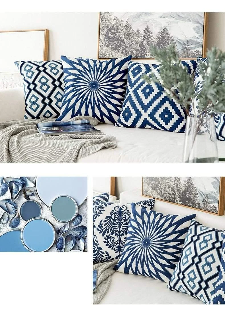 Blue and White Geometric Cushion Covers - Glova