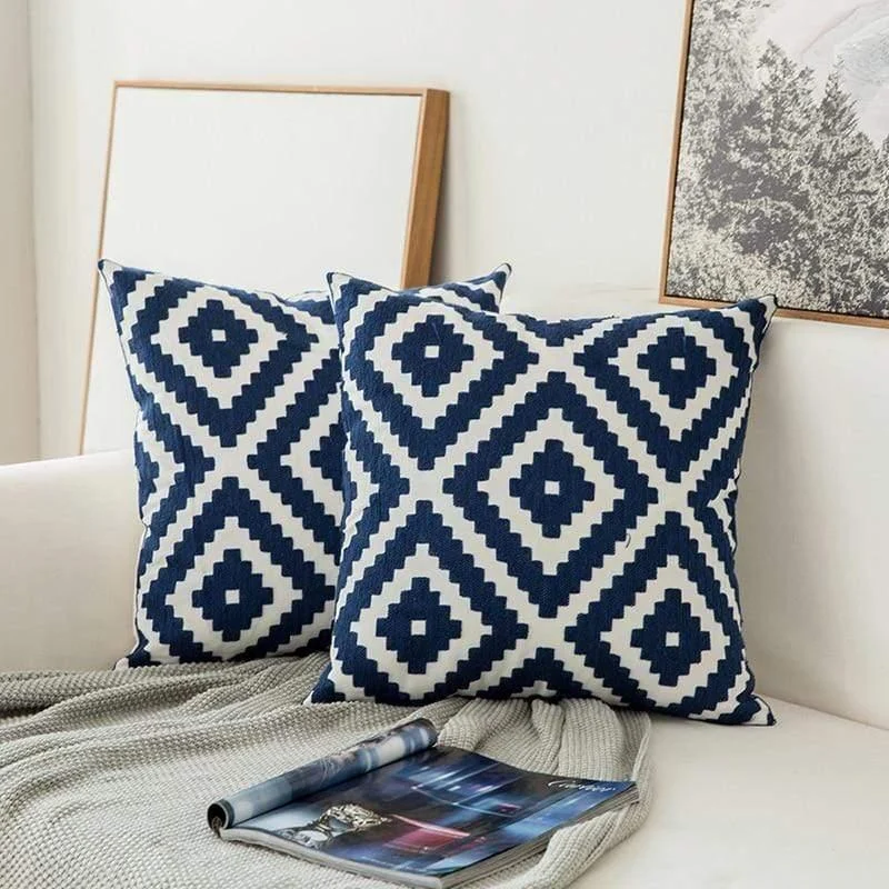 Blue and White Geometric Cushion Covers - Glova