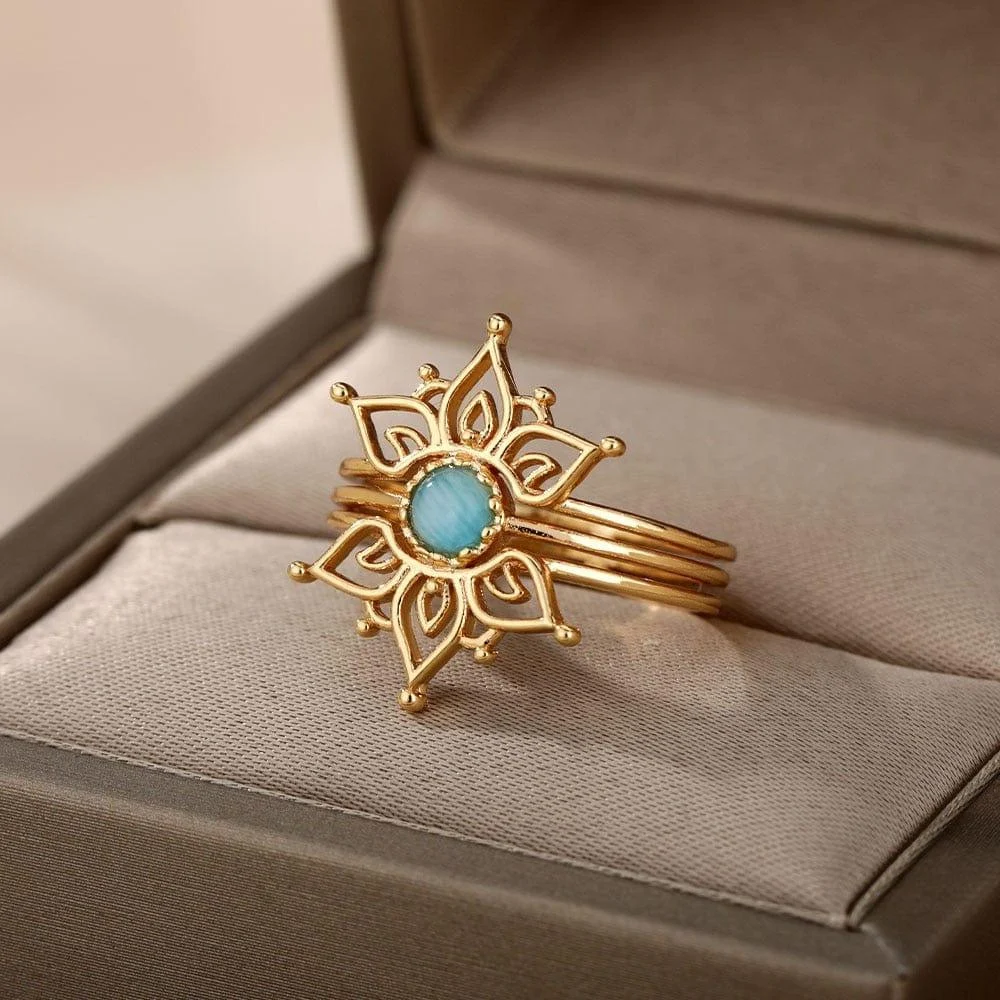 Blue Opal Lotus Flower Ring - Glova