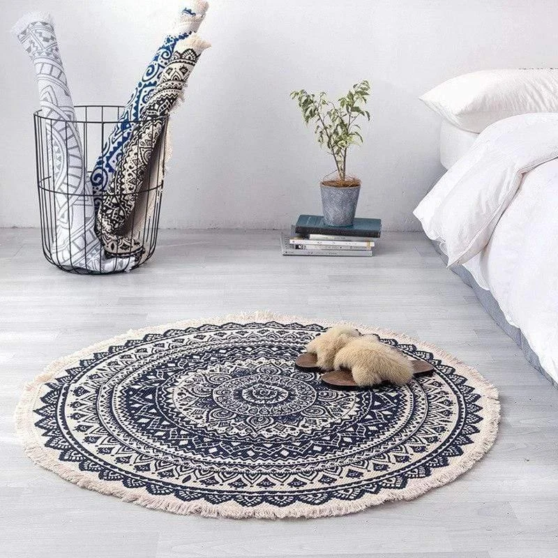 Bohemian Dark Blue & White Round Area Rug - Glova