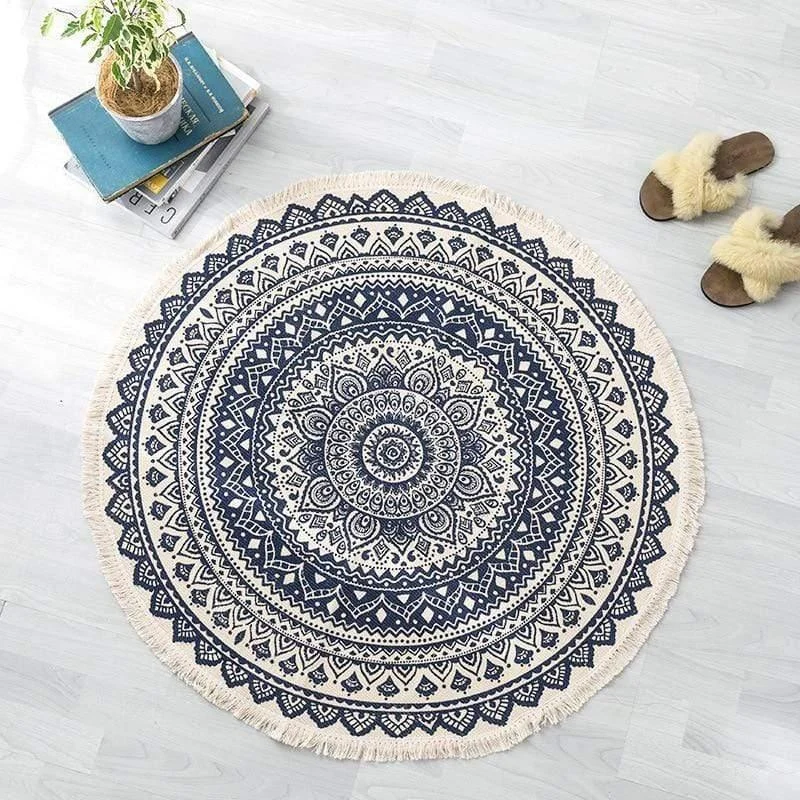 Bohemian Dark Blue & White Round Area Rug - Glova