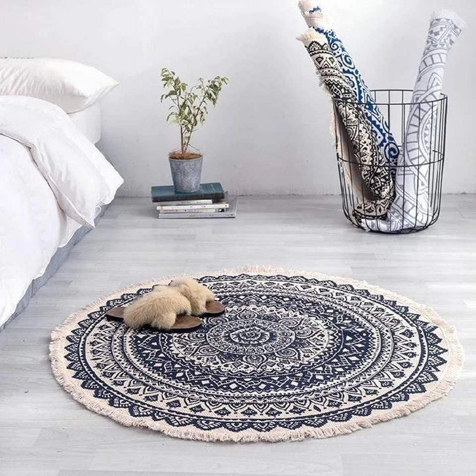 Bohemian Dark Blue & White Round Area Rug - Glova