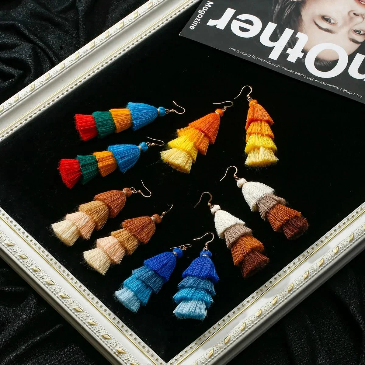 Bohemian Multicolor Tiers Tassel Earrings - Glova