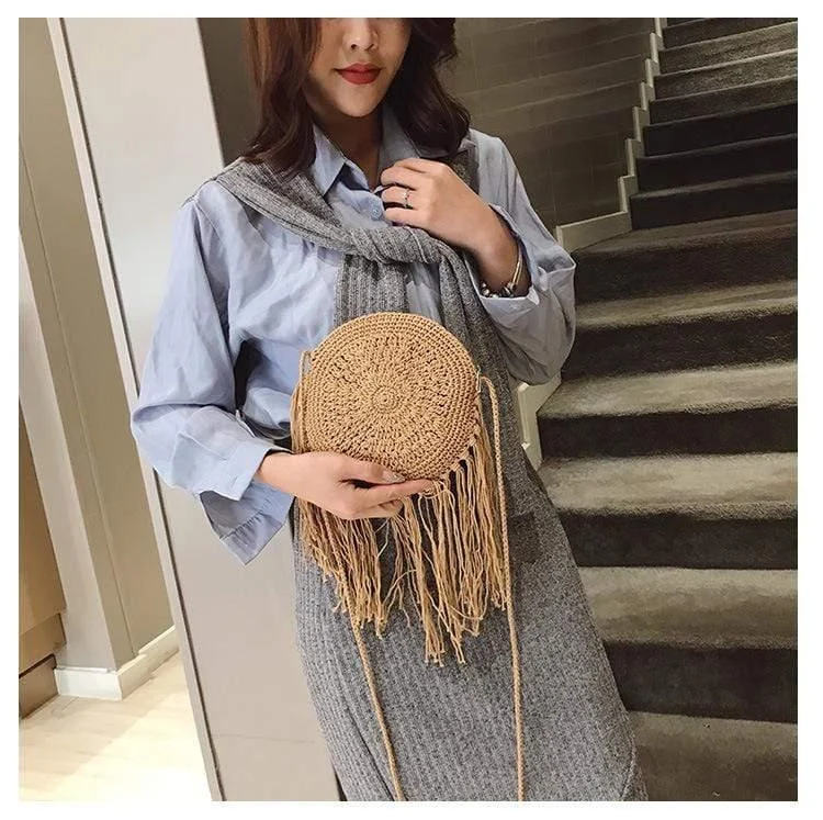 Bohemian Straw and Tassels Crossbody Bag - Glova