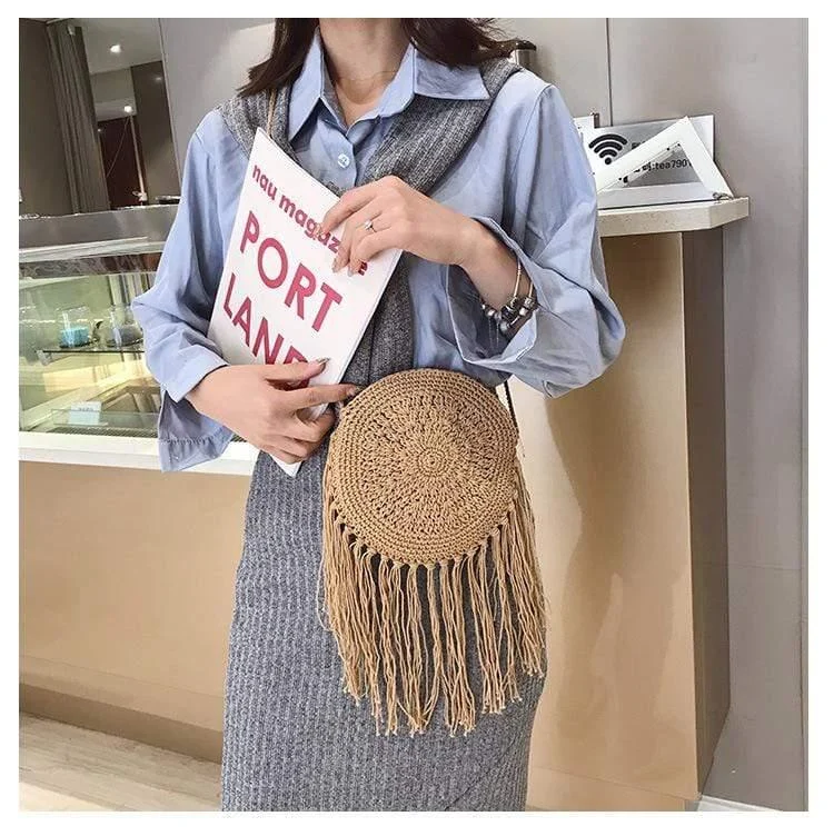 Bohemian Straw and Tassels Crossbody Bag - Glova