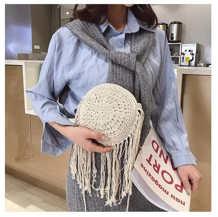 Bohemian Straw and Tassels Crossbody Bag - Glova