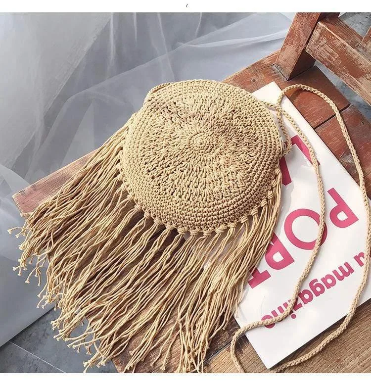 Bohemian Straw and Tassels Crossbody Bag - Glova