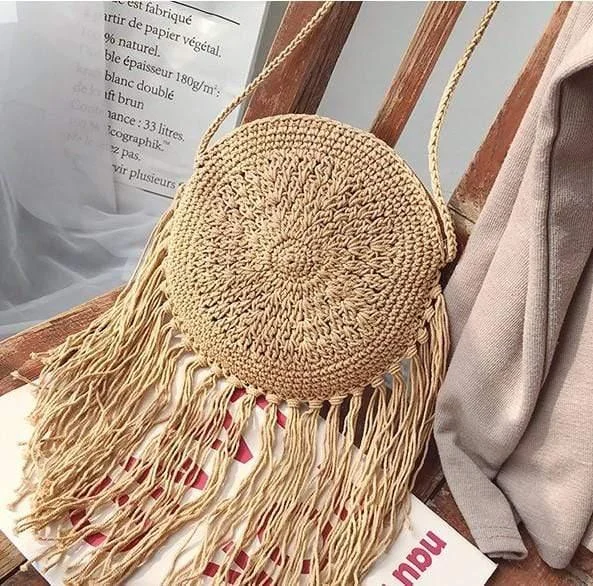 Bohemian Straw and Tassels Crossbody Bag - Glova