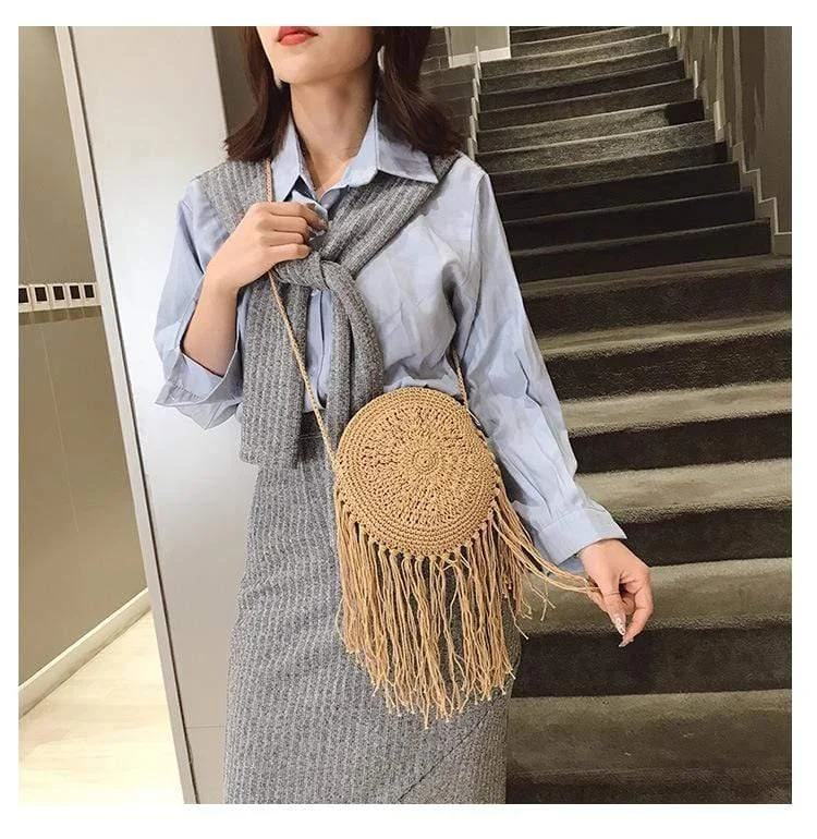 Bohemian Straw and Tassels Crossbody Bag - Glova