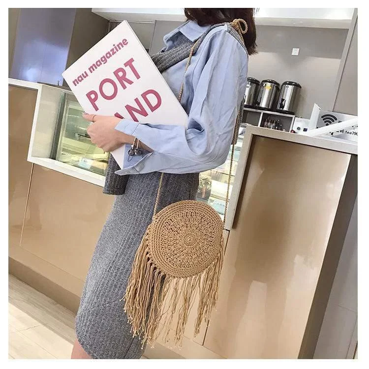 Bohemian Straw and Tassels Crossbody Bag - Glova