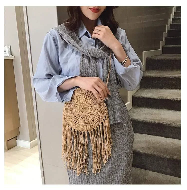 Bohemian Straw and Tassels Crossbody Bag - Glova