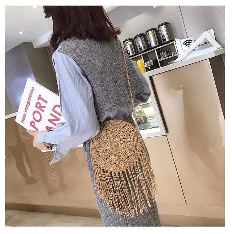 Bohemian Straw and Tassels Crossbody Bag - Glova