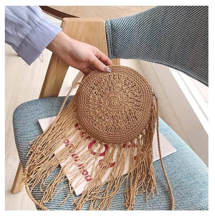 Bohemian Straw and Tassels Crossbody Bag - Glova