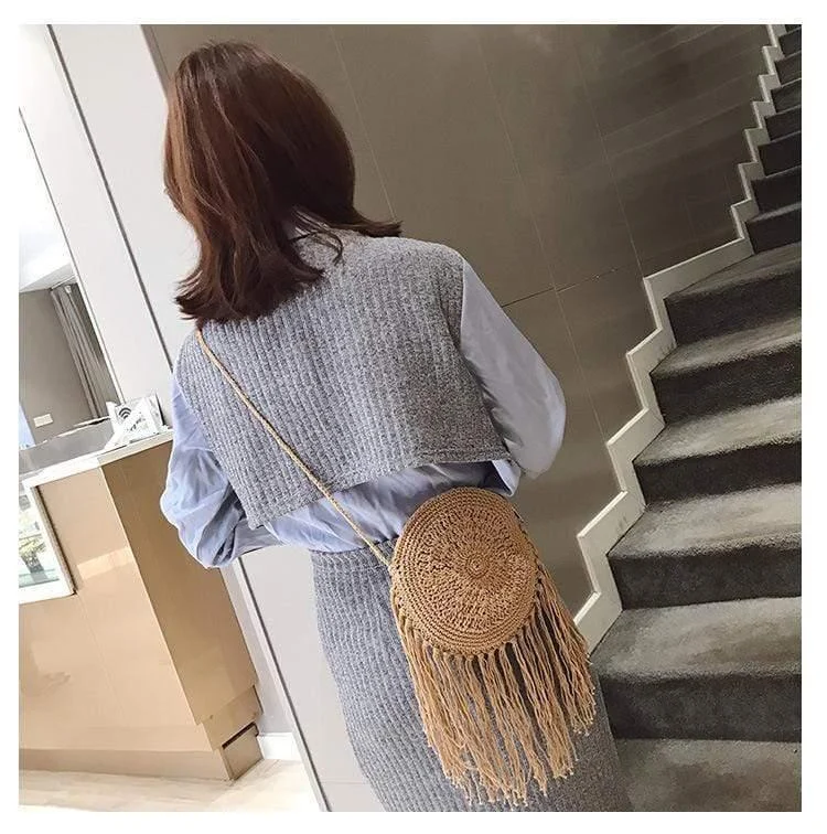 Bohemian Straw and Tassels Crossbody Bag - Glova