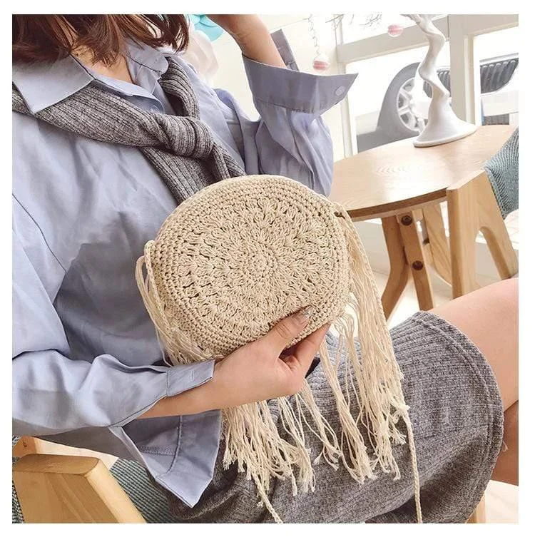 Bohemian Straw and Tassels Crossbody Bag - Glova