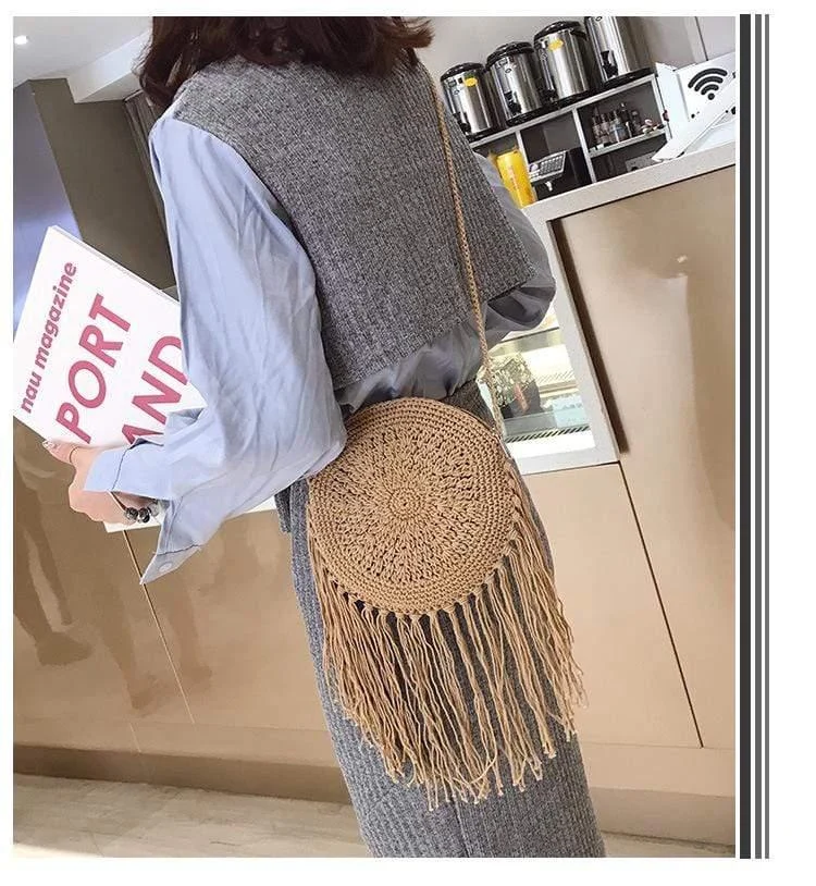 Bohemian Straw and Tassels Crossbody Bag - Glova