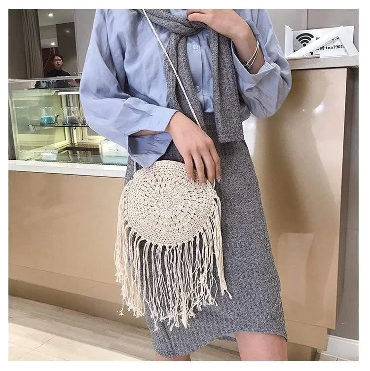 Bohemian Straw and Tassels Crossbody Bag - Glova