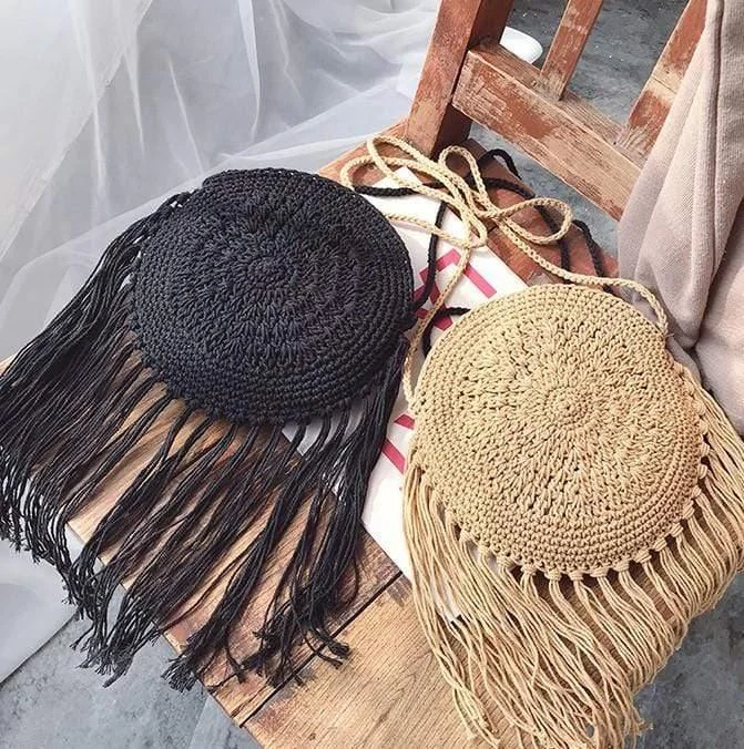 Bohemian Straw and Tassels Crossbody Bag - Glova