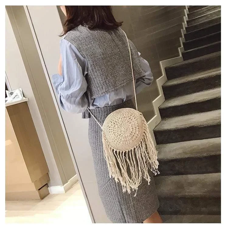 Bohemian Straw and Tassels Crossbody Bag - Glova