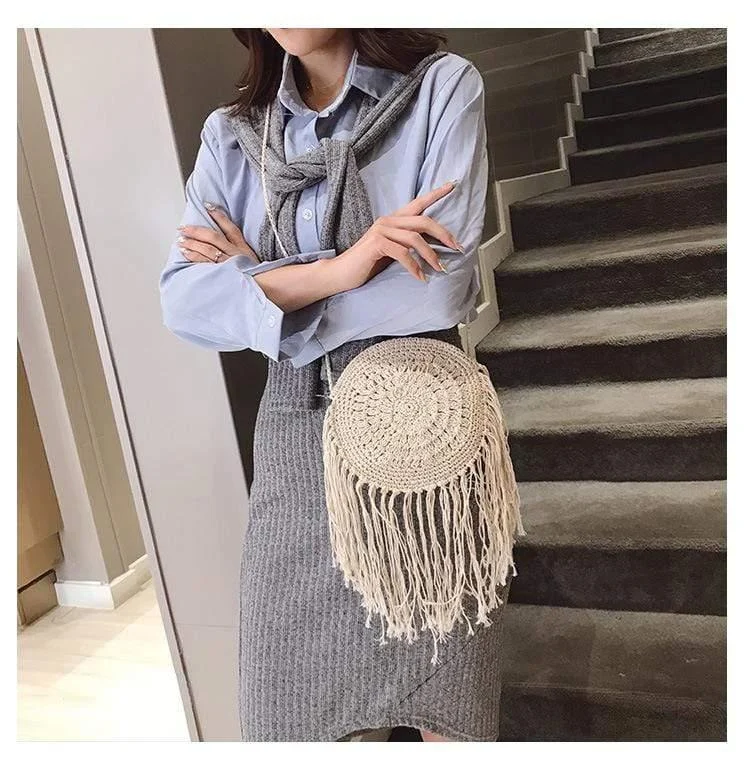 Bohemian Straw and Tassels Crossbody Bag - Glova