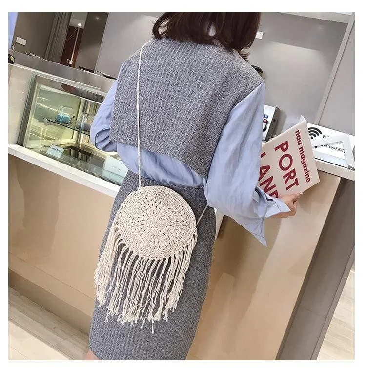 Bohemian Straw and Tassels Crossbody Bag - Glova