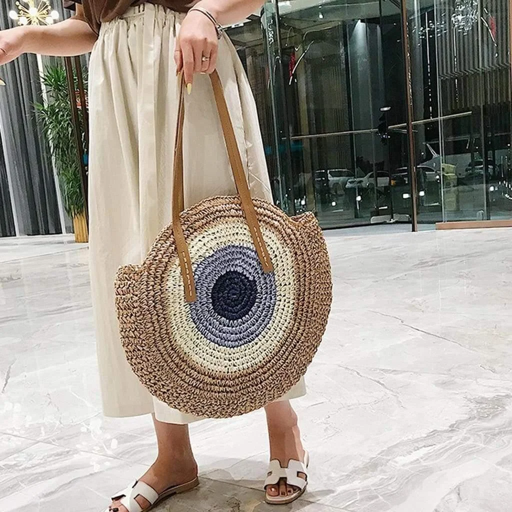 Bohemian Straw Bag with Faux Leather Straps - Glova