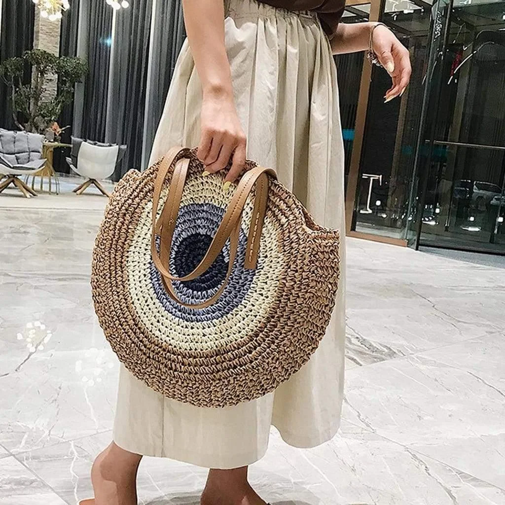 Bohemian Straw Bag with Faux Leather Straps - Glova