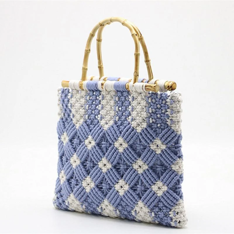 Boho Bamboo Handle Crochet Knit Tote - 2 Colors - Glova