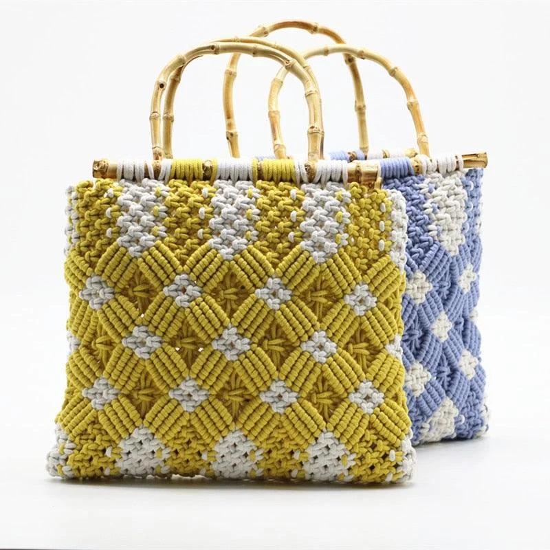 Boho Bamboo Handle Crochet Knit Tote - 2 Colors - Glova