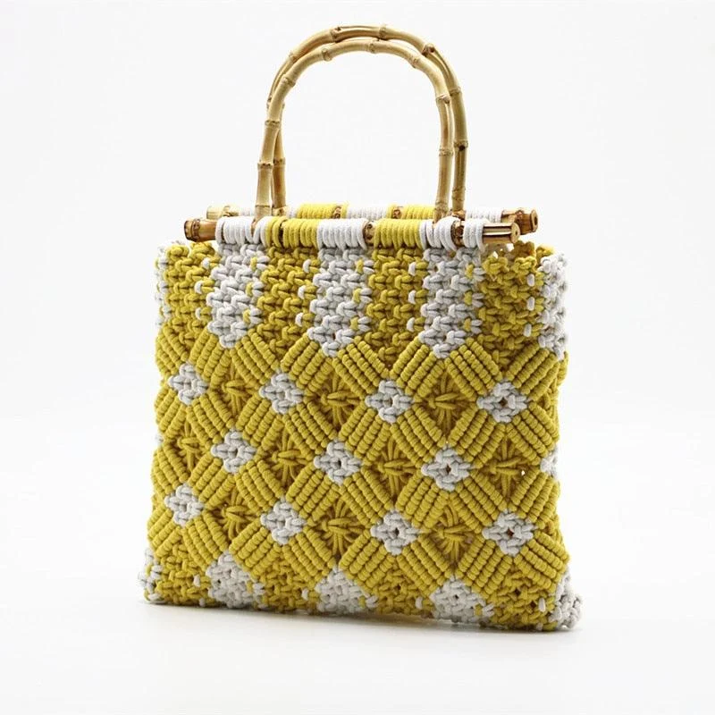 Boho Bamboo Handle Crochet Knit Tote - 2 Colors - Glova