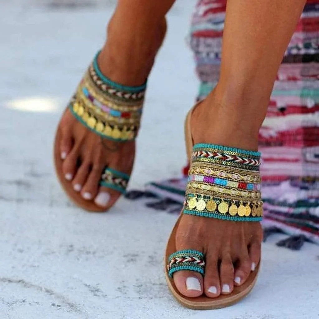 Boho Embellished Flat Sandals - Glova