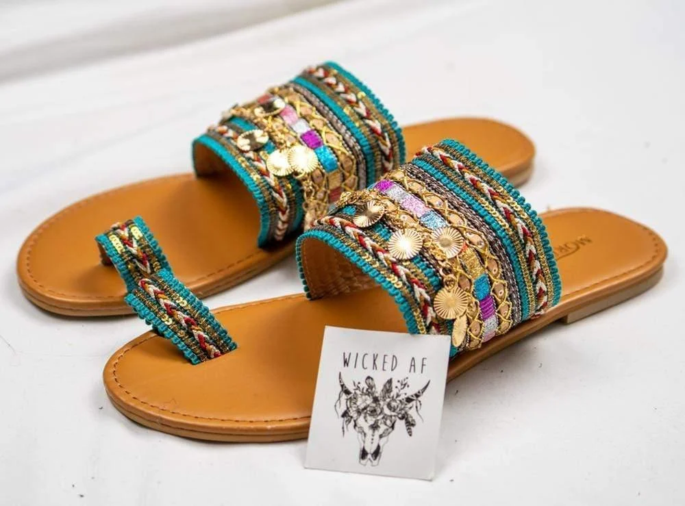 Boho Embellished Flat Sandals - Glova