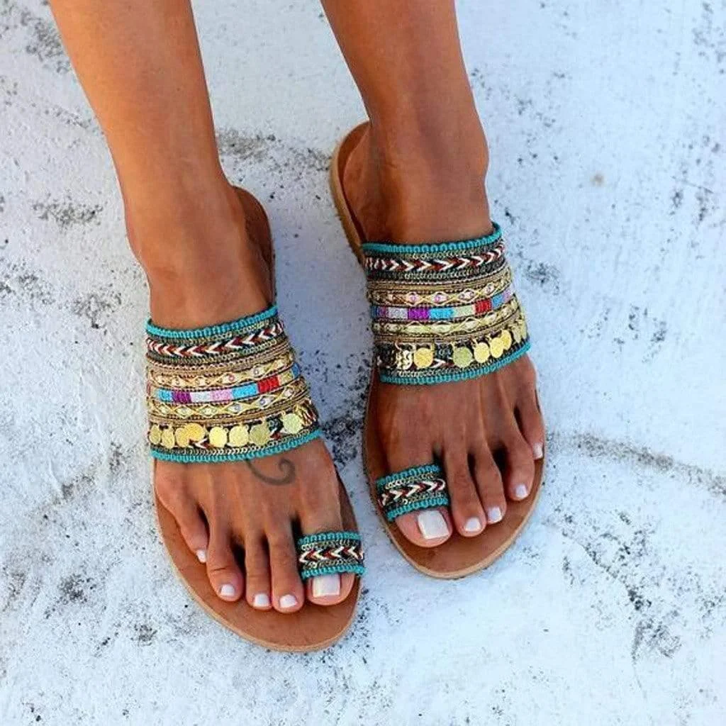 Boho Embellished Flat Sandals - Glova