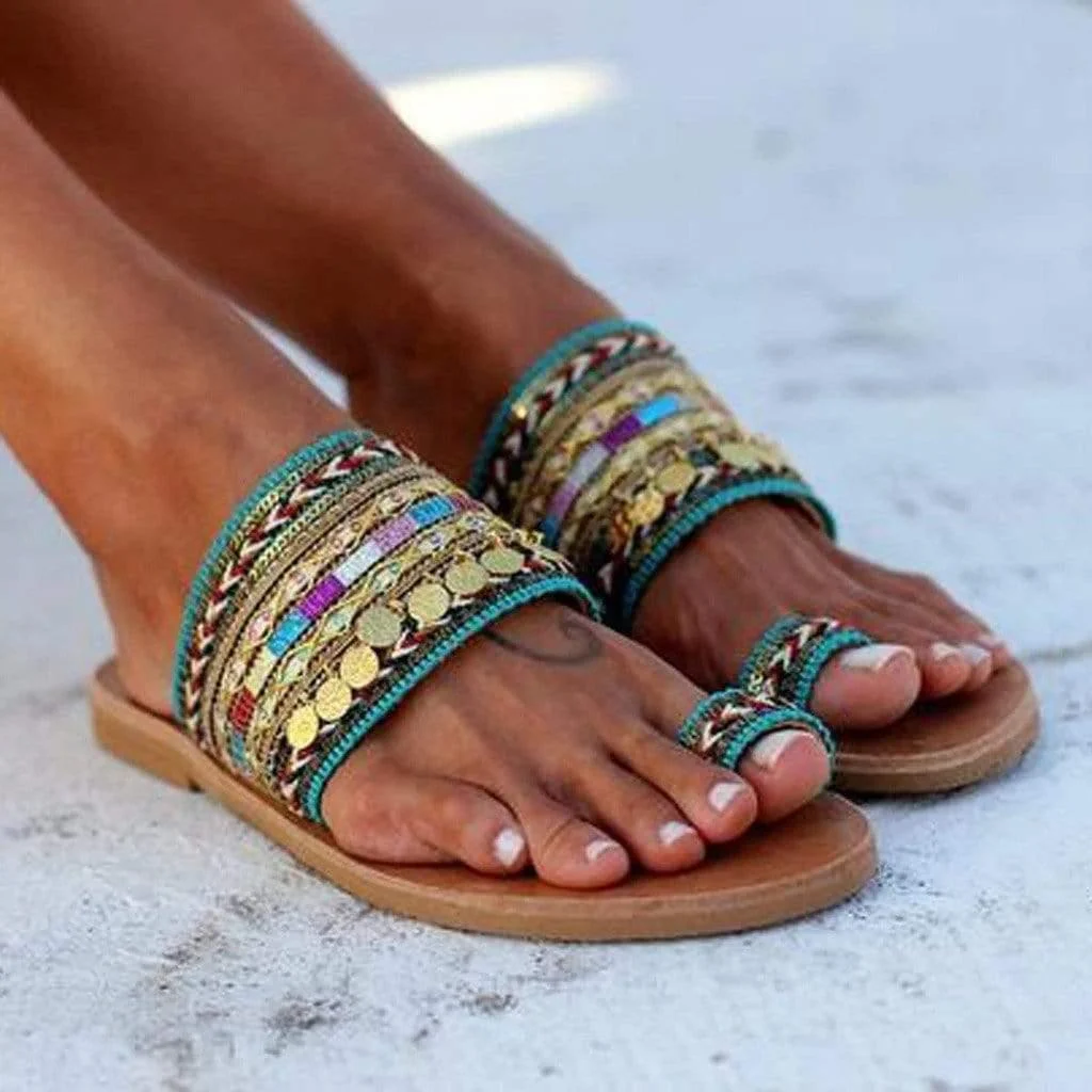 Boho Embellished Flat Sandals - Glova