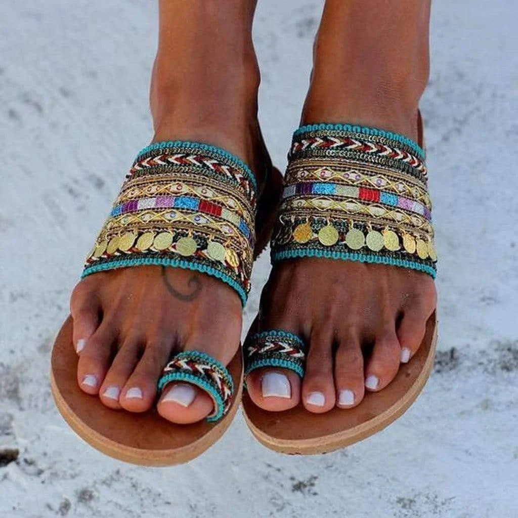 Boho Embellished Flat Sandals - Glova