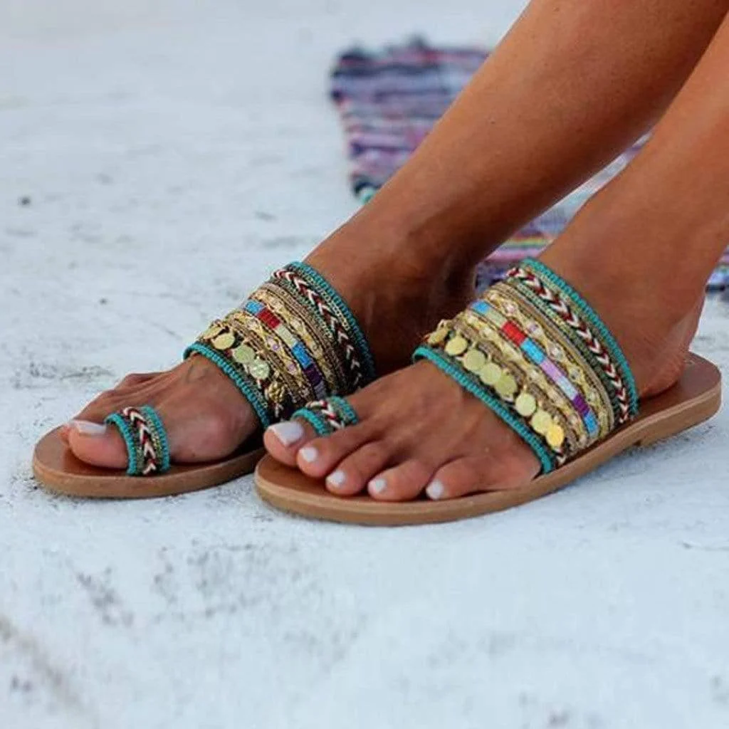 Boho Embellished Flat Sandals - Glova