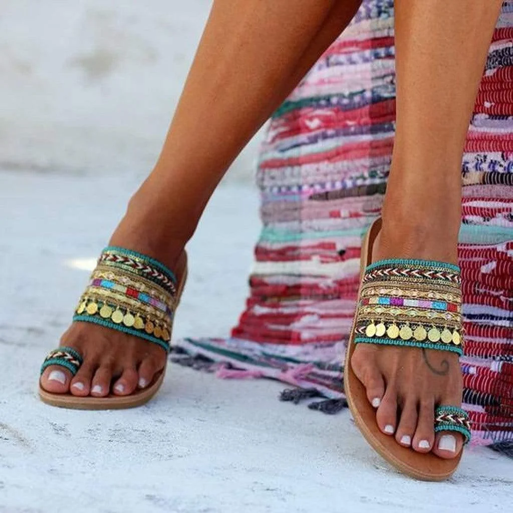 Boho Embellished Flat Sandals - Glova