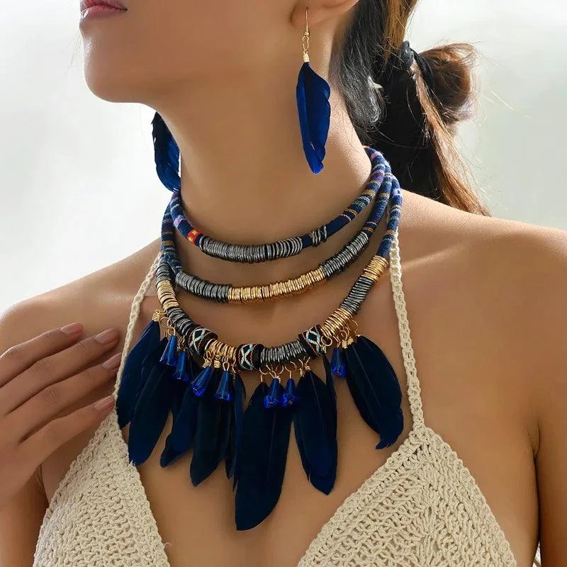 Boho Feather Multi Layer Necklace & Earrings Set - Glova