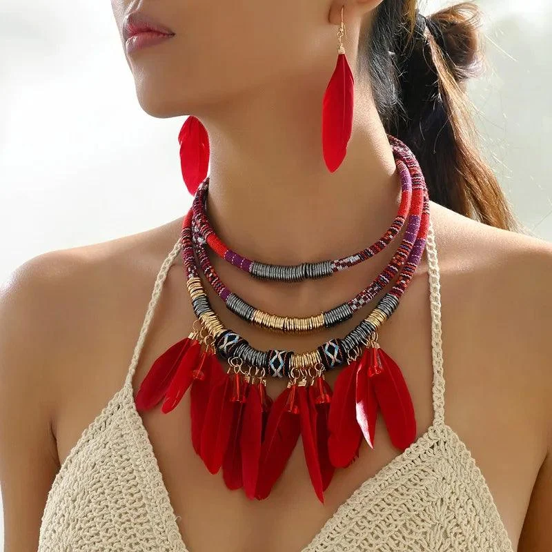 Boho Feather Multi Layer Necklace & Earrings Set - Glova