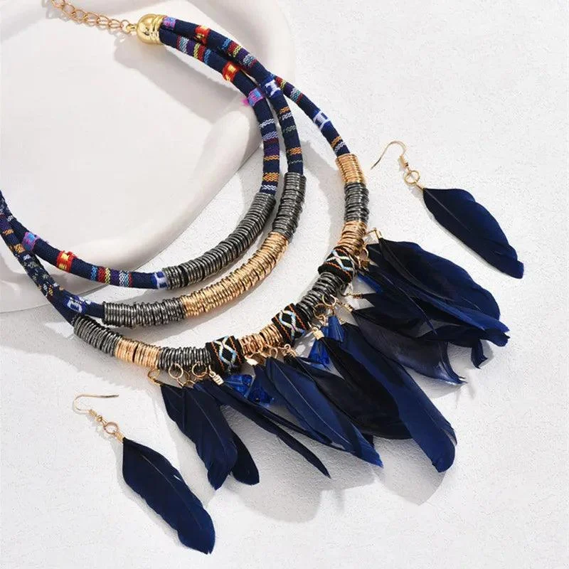 Boho Feather Multi Layer Necklace & Earrings Set - Glova